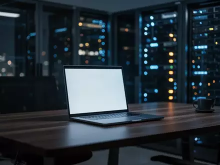 Ein beleuchteter Laptop in einem dunklen, modernen Büro, der die Sicherheitslücken in der Unternehmens-IT symbolisiert. - Foto: über boerse-global.de