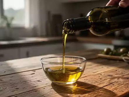 Olivenöl wird aus einer dunklen Glasflasche in eine kleine Schale gegossen, Nahaufnahme in einer Küche. - Foto: über boerse-global.de