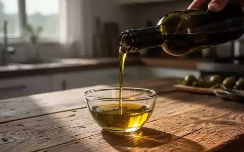 Olivenöl wird aus einer dunklen Glasflasche in eine kleine Schale gegossen, Nahaufnahme in einer Küche. - Foto: über boerse-global.de
