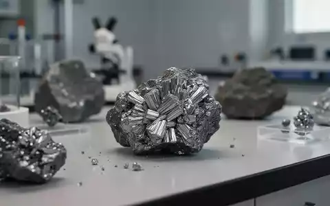 Nahaufnahme von metallischen Antimon-Erzproben auf einem Labortisch in einer modernen Industrieanlage. - Foto: über boerse-global.de