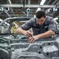 Ein Fabrikarbeiter montiert ein Autoteil in einer modernen Montagehalle, während Sensoren die ergonomischen Abläufe erfassen. - Foto: über boerse-global.de