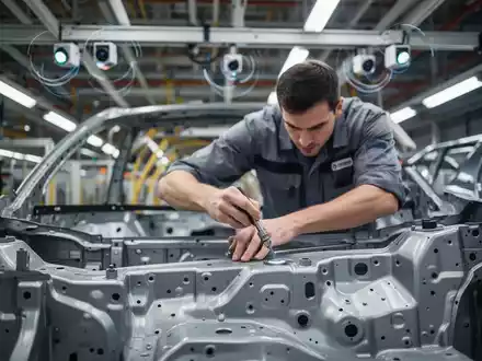 Ein Fabrikarbeiter montiert ein Autoteil in einer modernen Montagehalle, während Sensoren die ergonomischen Abläufe erfassen. - Foto: über boerse-global.de