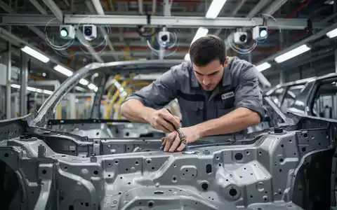 Ein Fabrikarbeiter montiert ein Autoteil in einer modernen Montagehalle, während Sensoren die ergonomischen Abläufe erfassen. - Foto: über boerse-global.de