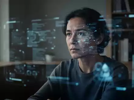 Eine nachdenkliche Person in einem minimalistischen Arbeitszimmer, beleuchtet durch das subtile Leuchten digitaler Technik. - Foto: über boerse-global.de