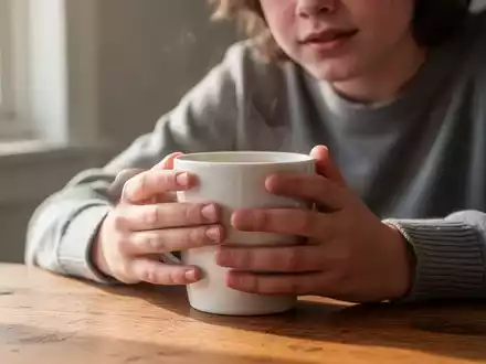 Eine junge Person hält eine Kaffeetasse in den Händen, während sie an einem Holztisch sitzt, beleuchtet durch natürliches Licht. - Foto: über boerse-global.de