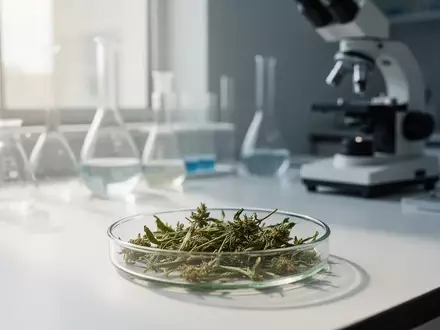 Eine getrocknete Heilpflanze in einer Petrischale auf einem modernen Labortisch vor einem verschwommenen Mikroskop. - Foto: über boerse-global.de