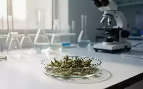 Eine getrocknete Heilpflanze in einer Petrischale auf einem modernen Labortisch vor einem verschwommenen Mikroskop. - Foto: über boerse-global.de