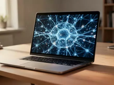 Ein moderner Laptop auf einem minimalistischen Schreibtisch zeigt eine abstrakte Visualisierung eines neuronalen Netzwerks. - Foto: über boerse-global.de