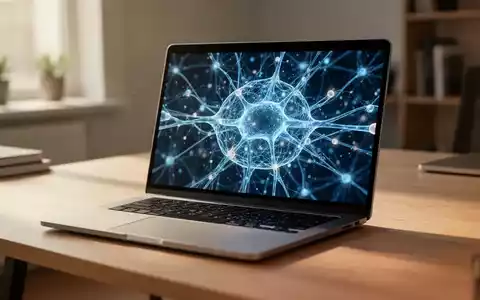 Ein moderner Laptop auf einem minimalistischen Schreibtisch zeigt eine abstrakte Visualisierung eines neuronalen Netzwerks. - Foto: über boerse-global.de