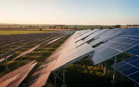 Moderne Solarpark-Anlage mit Photovoltaik-Modulen in einer weitläufigen Landschaft bei Sonnenuntergang. - Foto: über boerse-global.de