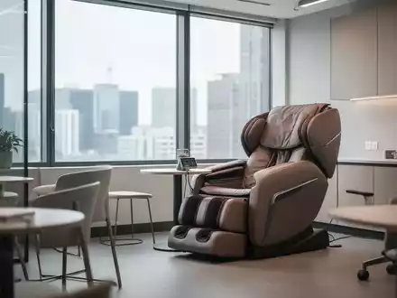 Moderner Büro-Pausenraum mit einem Massagesessel in einer hellen, professionellen Arbeitsumgebung. - Foto: über boerse-global.de