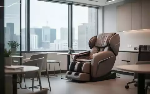Moderner Büro-Pausenraum mit einem Massagesessel in einer hellen, professionellen Arbeitsumgebung. - Foto: über boerse-global.de