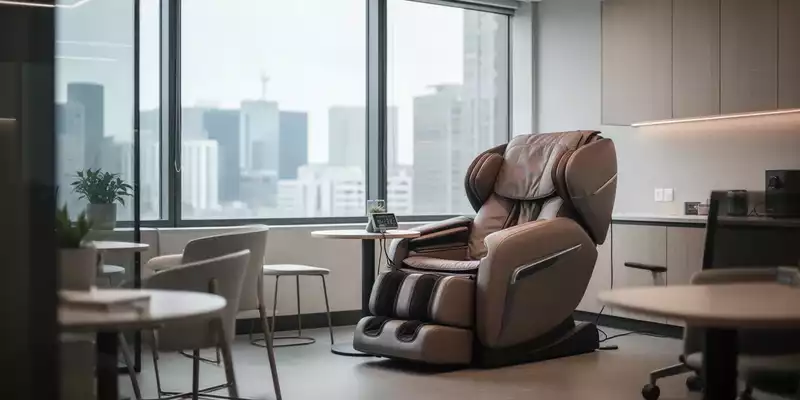 Moderner Büro-Pausenraum mit einem Massagesessel in einer hellen, professionellen Arbeitsumgebung. - Foto: über boerse-global.de