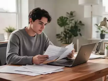 Ein junger Erwachsener am Schreibtisch bei der Durchsicht von Unterlagen und Dokumenten in einer hellen, modernen Umgebung. - Foto: über boerse-global.de