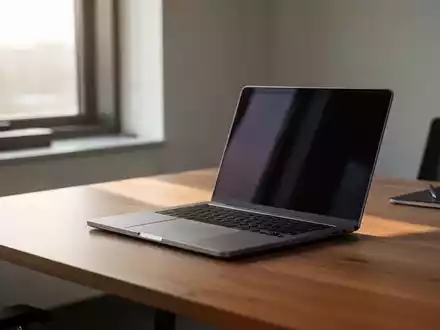 Ein minimalistischer Büroarbeitsplatz mit einem geöffneten Laptop auf einem Holztisch bei natürlichem Tageslicht. - Foto: über boerse-global.de