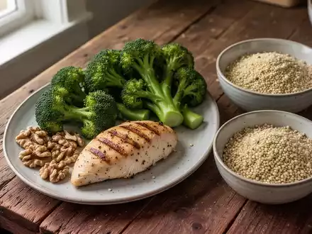Gesunde Mahlzeit mit Geflügelfleisch, Brokkoli und Walnüssen auf einem Holztisch. - Foto: über boerse-global.de