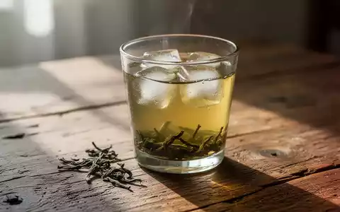 Ein Glas mit kaltem Grüntee und Eiswürfeln auf einem Holztisch bei natürlichem Tageslicht. - Foto: über boerse-global.de