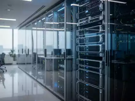 Modernes Rechenzentrum mit blauer Beleuchtung in einem professionellen Firmenbüro. - Foto: über boerse-global.de