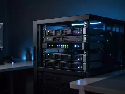Ein moderner Heimserver mit leuchtenden Status-LEDs in einem minimalistischen, dunkel beleuchteten Büro. - Foto: über boerse-global.de