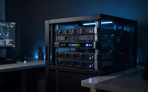 Ein moderner Heimserver mit leuchtenden Status-LEDs in einem minimalistischen, dunkel beleuchteten Büro. - Foto: über boerse-global.de