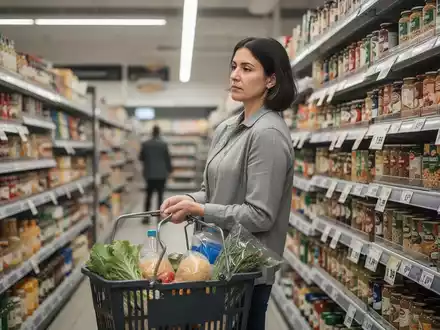 Eine Person steht in einem Supermarkt vor einem Regal mit Lebensmitteln und betrachtet die Preise. - Foto: über boerse-global.de
