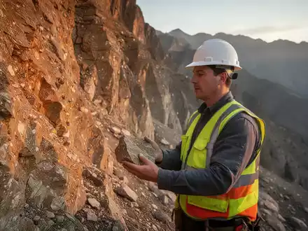 Geologe untersucht eine Gesteinsprobe an einer felsigen Bergwand bei Sonnenuntergang. - Foto: über boerse-global.de