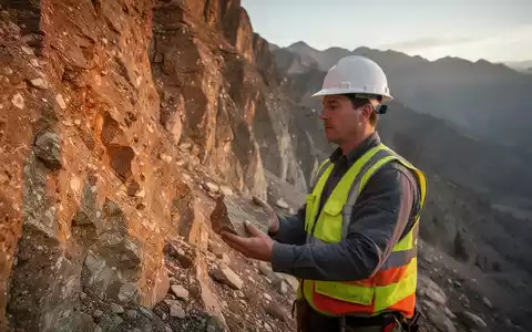 Geologe untersucht eine Gesteinsprobe an einer felsigen Bergwand bei Sonnenuntergang. - Foto: über boerse-global.de