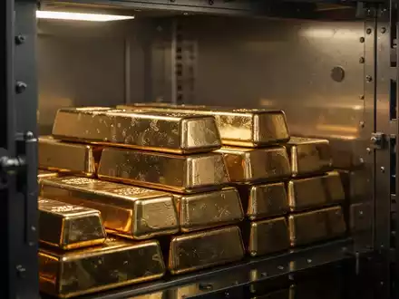 Stapel von Goldbarren in einem sicher beleuchteten Tresorraum - Foto: über boerse-global.de