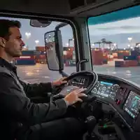 Innenansicht einer modernen Logistikfahrzeugkabine mit Blick auf einen beleuchteten Containerterminal. - Foto: über boerse-global.de