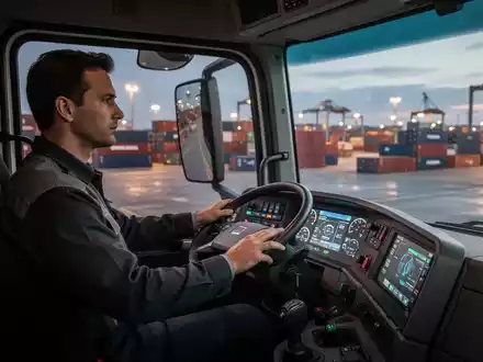 Innenansicht einer modernen Logistikfahrzeugkabine mit Blick auf einen beleuchteten Containerterminal. - Foto: über boerse-global.de