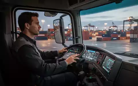 Innenansicht einer modernen Logistikfahrzeugkabine mit Blick auf einen beleuchteten Containerterminal. - Foto: über boerse-global.de