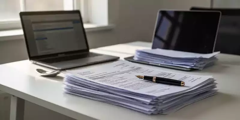 Ein aufgeräumter Schreibtisch im Homeoffice mit einem Laptop und Steuerunterlagen in natürlichem Tageslicht. - Foto: über boerse-global.de