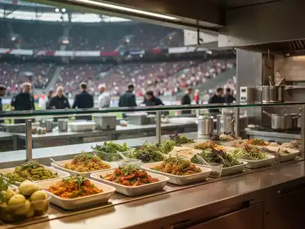 Ein moderner Verpflegungsstand in einem Fußballstadion mit einem breiten Angebot an pflanzlichen Lebensmitteln. - Foto: über boerse-global.de