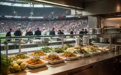 Ein moderner Verpflegungsstand in einem Fußballstadion mit einem breiten Angebot an pflanzlichen Lebensmitteln. - Foto: über boerse-global.de