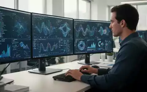 Ein IT-Experte arbeitet in einem modernen Büro an mehreren Monitoren, die komplexe Daten visualisieren. - Foto: über boerse-global.de