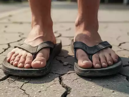 Nahaufnahme von Füßen in einfachen Flip-Flops auf einem trockenen Gehweg, die die Belastung beim Gehen verdeutlicht. - Foto: über boerse-global.de