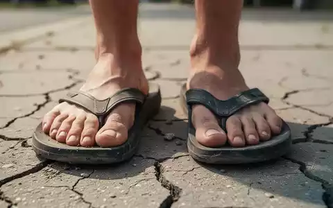 Nahaufnahme von Füßen in einfachen Flip-Flops auf einem trockenen Gehweg, die die Belastung beim Gehen verdeutlicht. - Foto: über boerse-global.de