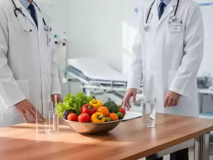 Ein Arzt in einer modernen Praxis neben einer Schale mit frischem Gemüse, symbolisch für präventive Gesundheitsvorsorge. - Foto: über boerse-global.de