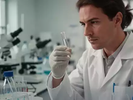 Ein Wissenschaftler in einem Labor betrachtet ein medizinisches Teströhrchen vor einem verschwommenen Hintergrund. - Foto: über boerse-global.de