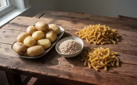 Eine Auswahl aus Kartoffeln, Reis und Nudeln auf einem rustikalen Holztisch bei natürlichem Licht. - Foto: über boerse-global.de