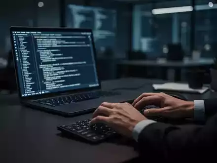 Ein Laptop in einem dunklen Büro mit abstraktem Programmcode auf dem Bildschirm, der eine Cyber-Sicherheitsbedrohung darstellt. - Foto: über boerse-global.de