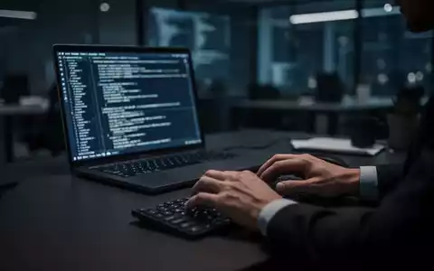 Ein Laptop in einem dunklen Büro mit abstraktem Programmcode auf dem Bildschirm, der eine Cyber-Sicherheitsbedrohung darstellt. - Foto: über boerse-global.de