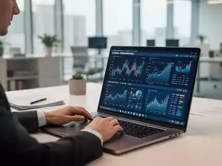 Ein Wirtschaftsprüfer arbeitet in einem modernen Büro an einer komplexen Datenanalyse am Laptop. - Foto: über boerse-global.de
