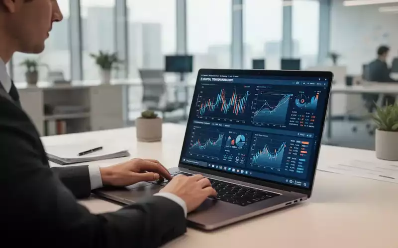 Ein Wirtschaftsprüfer arbeitet in einem modernen Büro an einer komplexen Datenanalyse am Laptop. - Foto: über boerse-global.de
