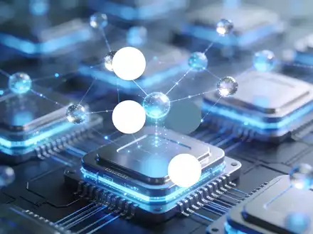 Abstrakte Darstellung eines Quantencomputer-Labors mit leuchtenden Prozessorknoten und moderner Lichtstimmung. - Foto: über boerse-global.de