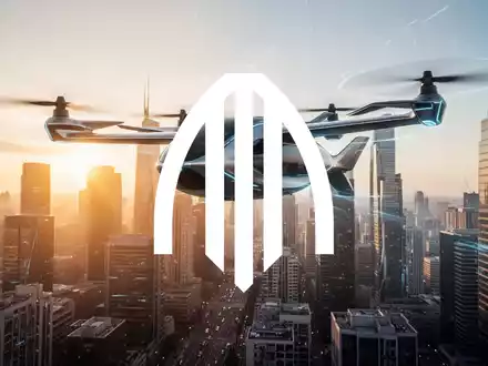 Futuristisches elektrisches Fluggerät über einer modernen Skyline bei Sonnenuntergang als Symbol für Luftfahrtinnovation. - Foto: über boerse-global.de