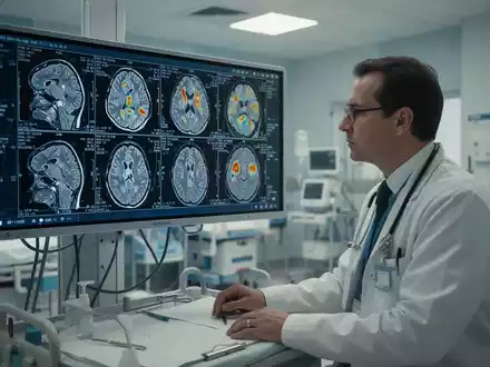 Neurologe analysiert bei gedimmtem Licht hochauflösende Gehirn-Bildgebungsdaten auf einem medizinischen Monitor in einer Klinik. - Foto: über boerse-global.de
