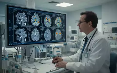 Neurologe analysiert bei gedimmtem Licht hochauflösende Gehirn-Bildgebungsdaten auf einem medizinischen Monitor in einer Klinik. - Foto: über boerse-global.de