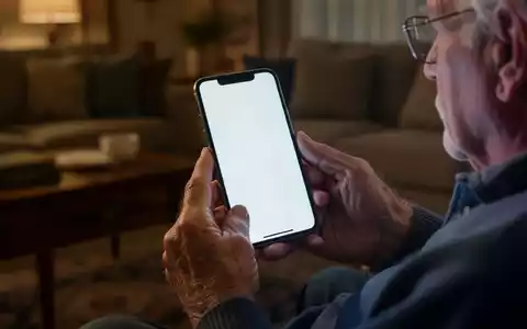 Ein älterer Mann hält ein Smartphone in den Händen, während er in einem Wohnzimmer sitzt. - Foto: über boerse-global.de