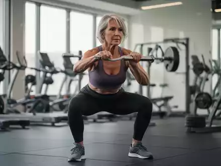 Eine sportliche Frau in den 50ern führt konzentriert eine Kniebeuge in einem hellen, modernen Fitnessraum aus. - Foto: über boerse-global.de